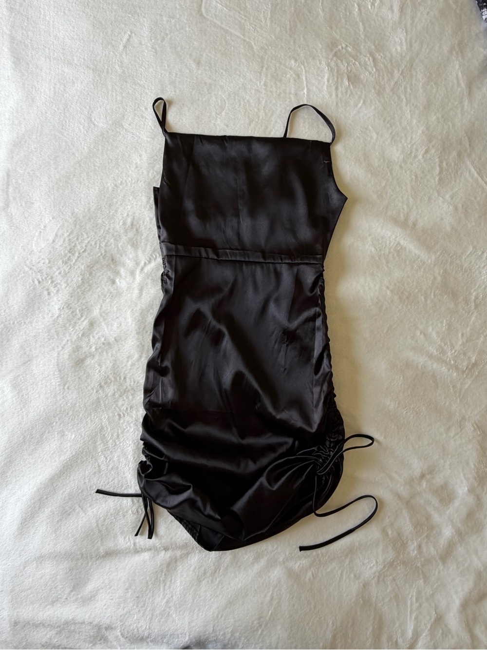 Black Satin Midi Slip Dress with Side Drawstring